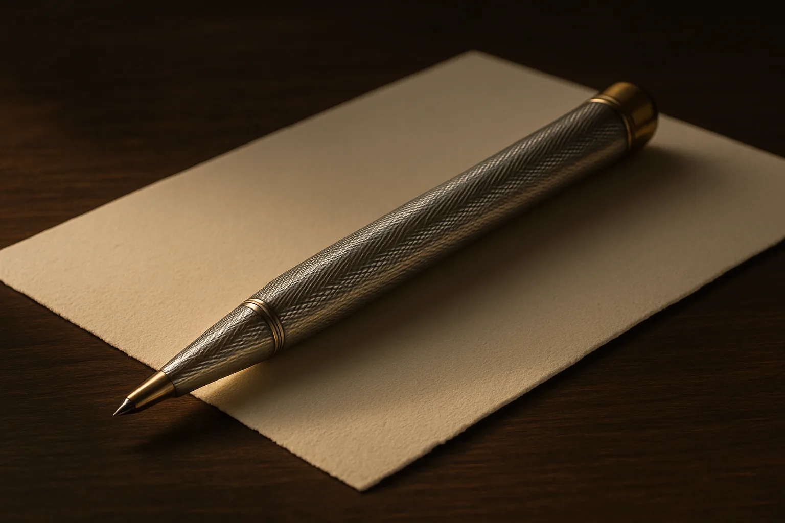 Kugelschreiber aus guillochiertem Silber auf Büttenpapier