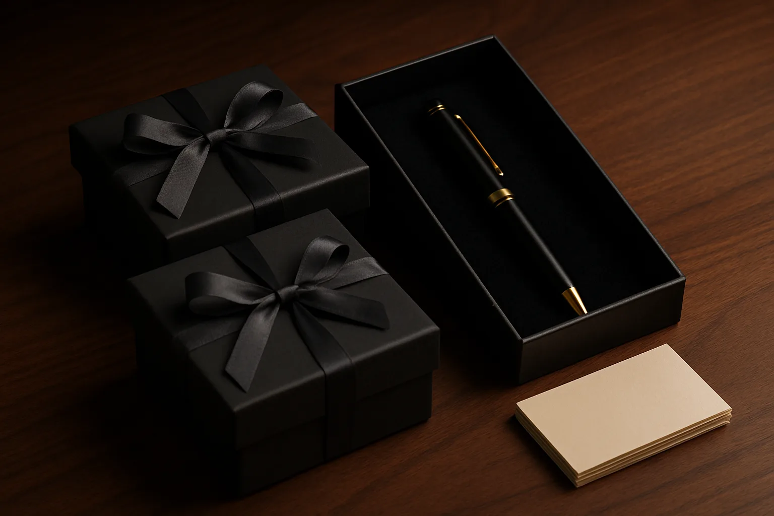 Kleine Geschenkboxen mit Kugelschreibern und leeren Visitenkarten