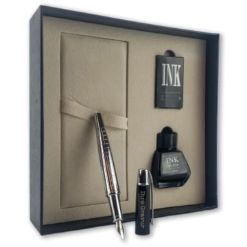 Füllfederhalter mit Gravur inklusive Geschenkbox und Tintenfass personalisierter Füller (Silber) - 2