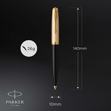 Parker 51 Kugelschreiber | Luxuriöser Schwarzer Schaft mit Goldzierteilen | Mittlere Schreibspitze in 18k Gold mit Schwarzer Nachfüllmine | Geschenkbox - 3