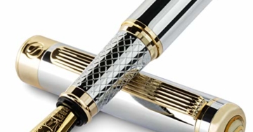 Silber Füllfederhalter Scriveiner - Füller Edel mit 24 Karat Gold-Finish, Schmidt 18 Karat vergoldete Feder (mittel), Bestes Geschenk für Herren und Damen, Manager, Führungskräfte (Silber Chrom) - 1
