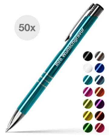 #teamludorf 50x Metall-Kugelschreiber mit Wunsch-Gravur - Personalisierte Kulis - Stift mit Namen - 14 Farben & 20 Schriftarten - 50 Stück - Türkis - 2