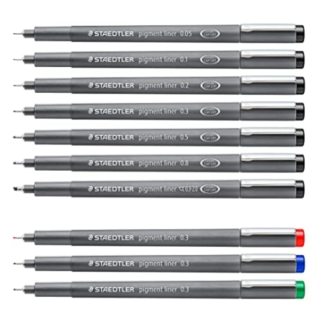 STAEDTLER schwarze pigment liner in unterschiedlichen Linienbreiten + 3 bunte liner gratis, dokumentenechte Pigmenttinte, lange Lebensdauer, 7 Liner in 7 Linienbreiten + 3 bunte Liner, 308 C10P - 2