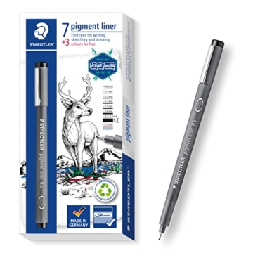 STAEDTLER schwarze pigment liner in unterschiedlichen Linienbreiten + 3 bunte liner gratis, dokumentenechte Pigmenttinte, lange Lebensdauer, 7 Liner in 7 Linienbreiten + 3 bunte Liner, 308 C10P - 1